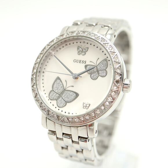 Guess Silver Tone Glitter Butterfly 36mm Watch Steel Bracelet with New Battery - Picture 1 of 15
